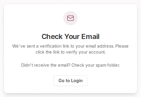 The Check Your Email screen telling the merchant a verification link has been sent