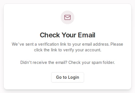 The Check Your Email screen telling the merchant a verification link has been sent