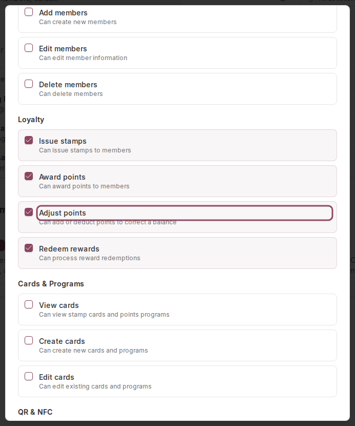 Edit Permissions dialog showing the Adjust points permission under the Loyalty category