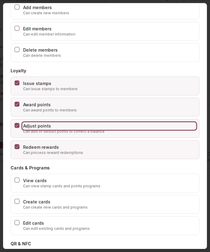 Edit Permissions dialog showing the Adjust points permission under the Loyalty category