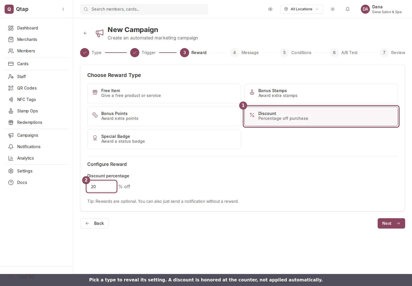Discount selected, showing the discount percentage field set to 20 percent off