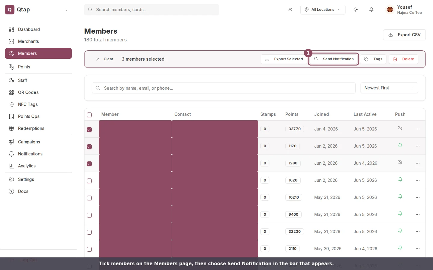 The Members page with three members selected and the Send Notification button in the bulk action bar.