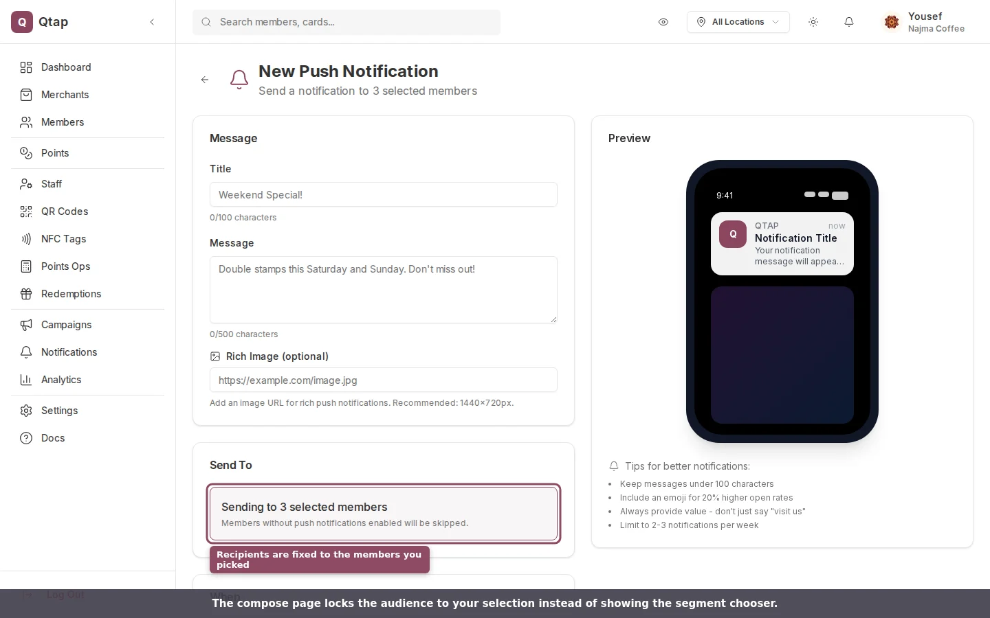 The New Push Notification page showing the audience fixed to the selected members.