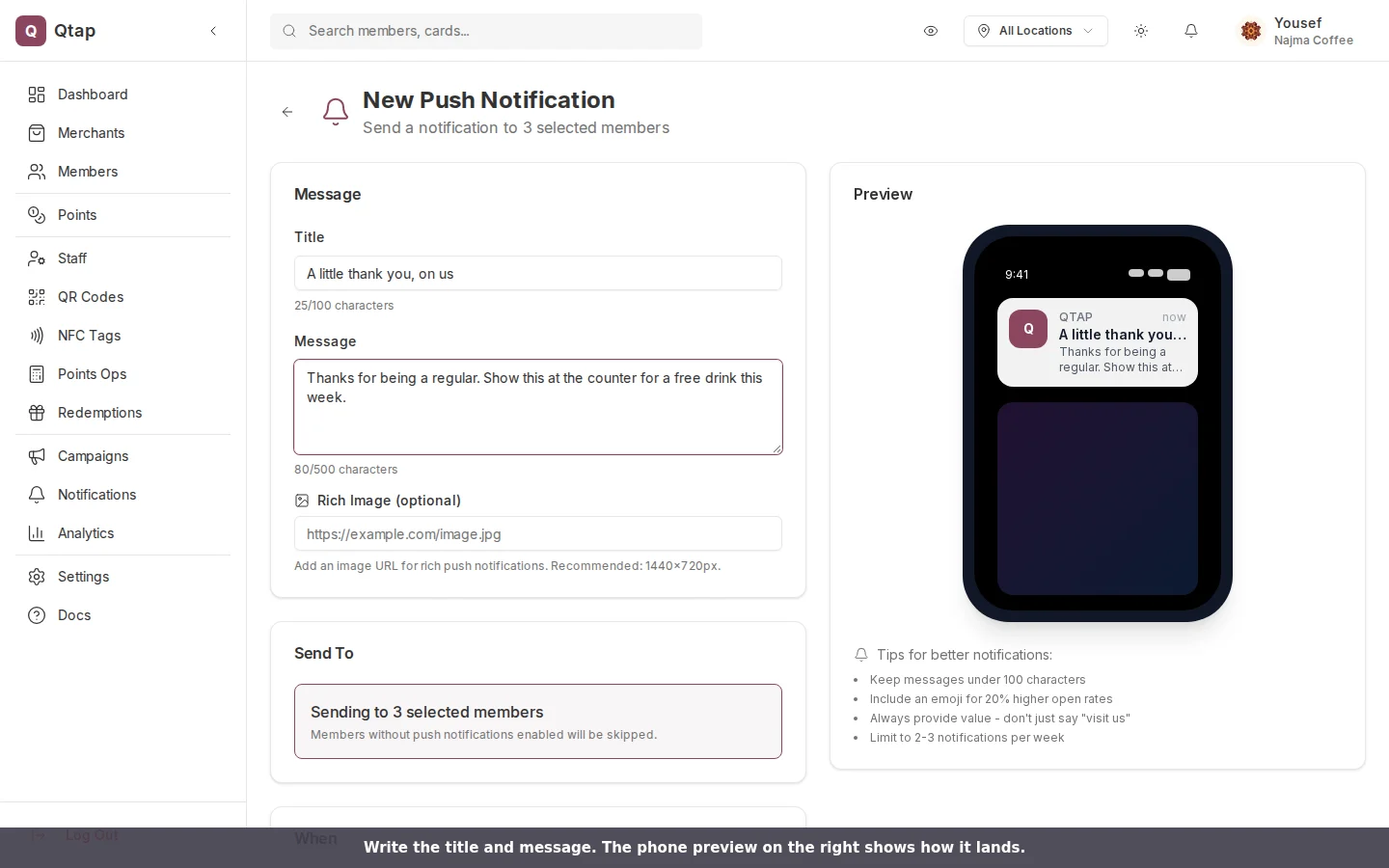 The compose form with a title and message filled in and the live phone preview.