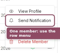 A member's row menu showing the Send Notification option.
