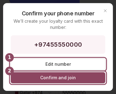Dialog reading Confirm your phone number above a Qatar number with Edit number and Confirm and join buttons