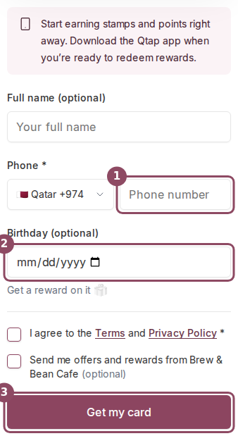 Join form showing optional full name, required phone with country picker, optional birthday, terms checkbox, marketing checkbox and the Get my card button