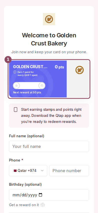 Join page showing a points card with the line Earn 1 point for every QAR 1 spent and Next reward at 50 points