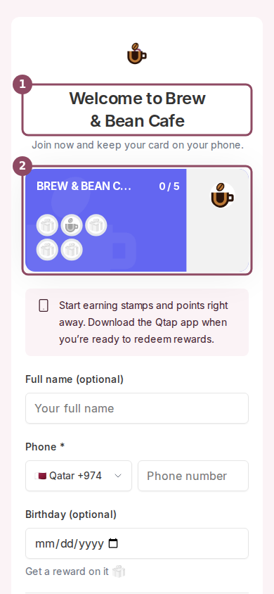 Join page on a phone showing Welcome to Brew and Bean Cafe above a stamp card preview reading 0 of 5