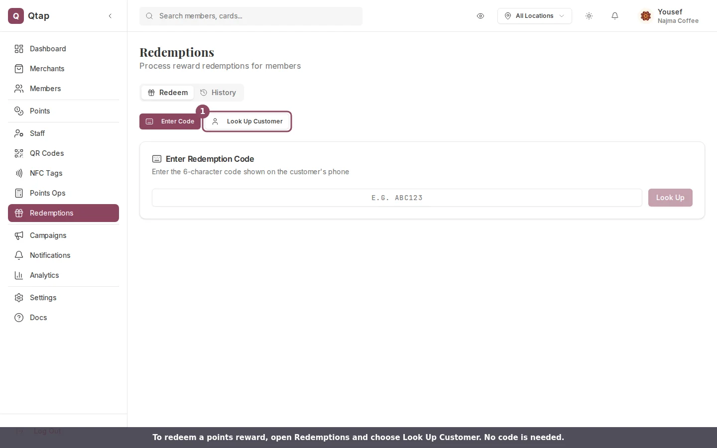 The Redemptions page with the Look Up Customer method selected