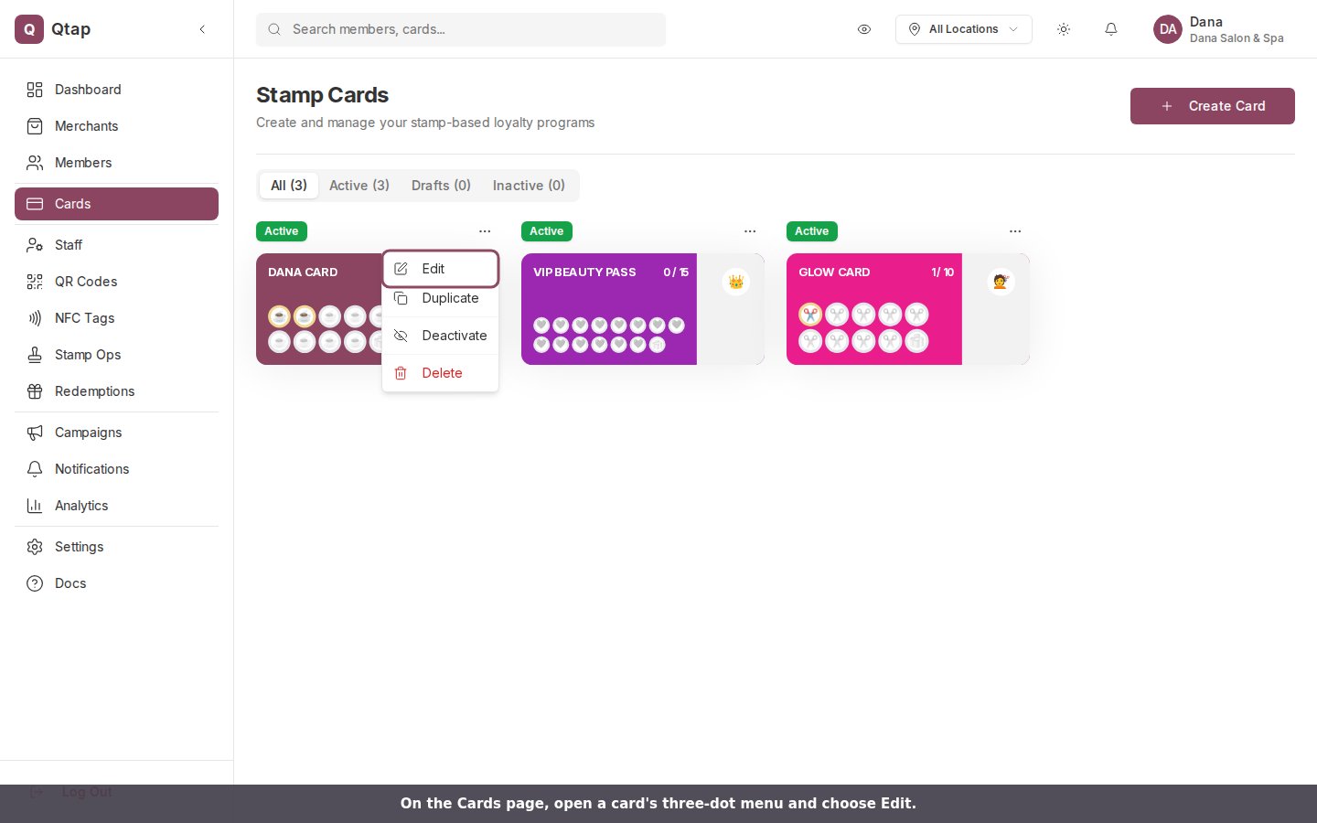 The Cards list with a card's three-dot menu open and the Edit option highlighted