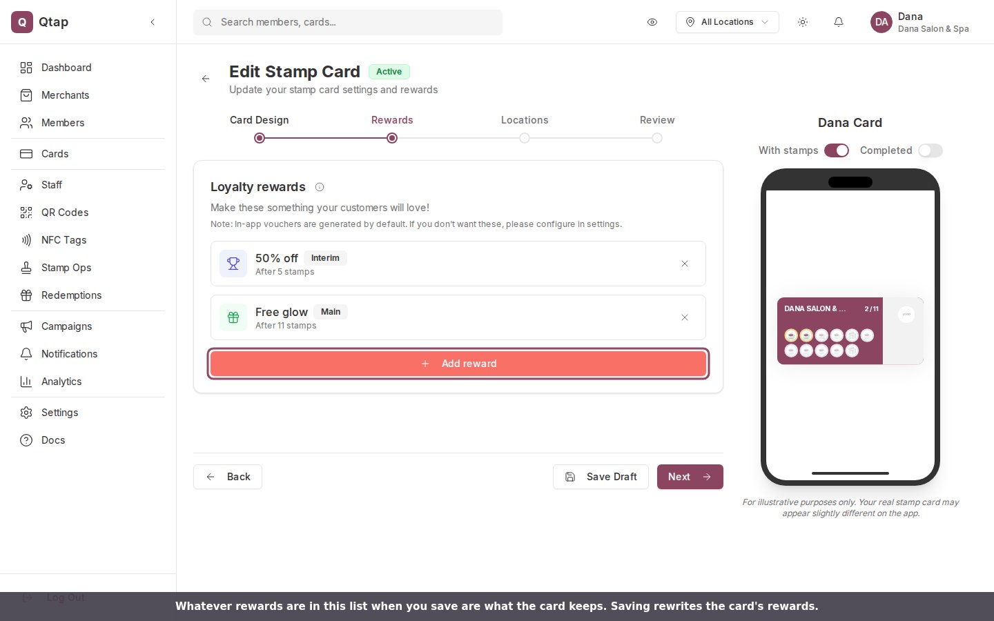 The Rewards step of the Edit Stamp Card wizard listing the card's existing rewards with Add Reward and per-reward edit controls