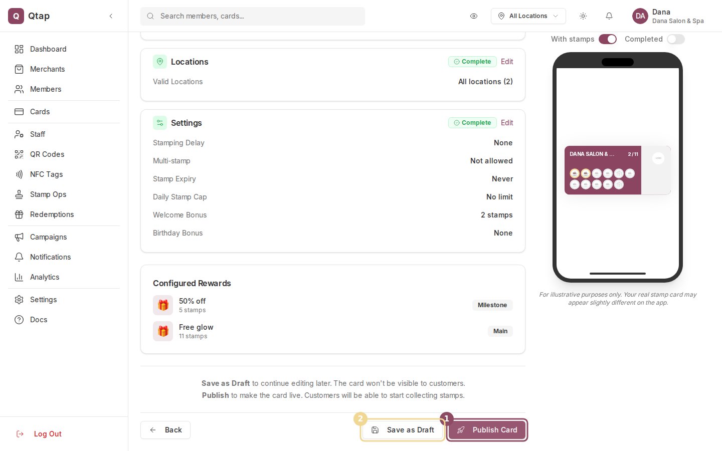 The Review step of the Edit Stamp Card wizard with the Publish Card and Save as Draft buttons highlighted