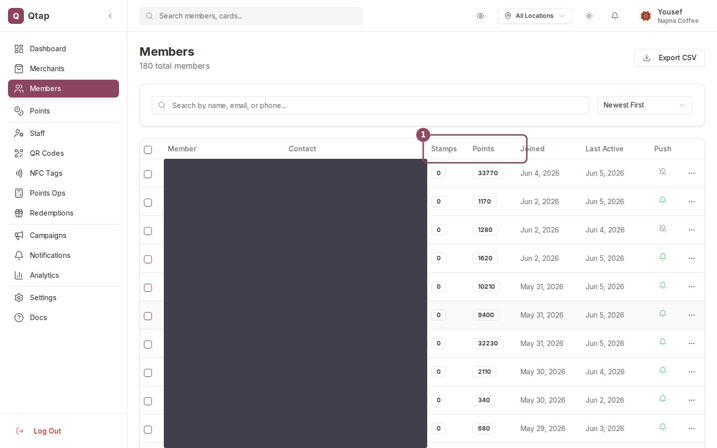 Members page listing members with their stamp and points balances