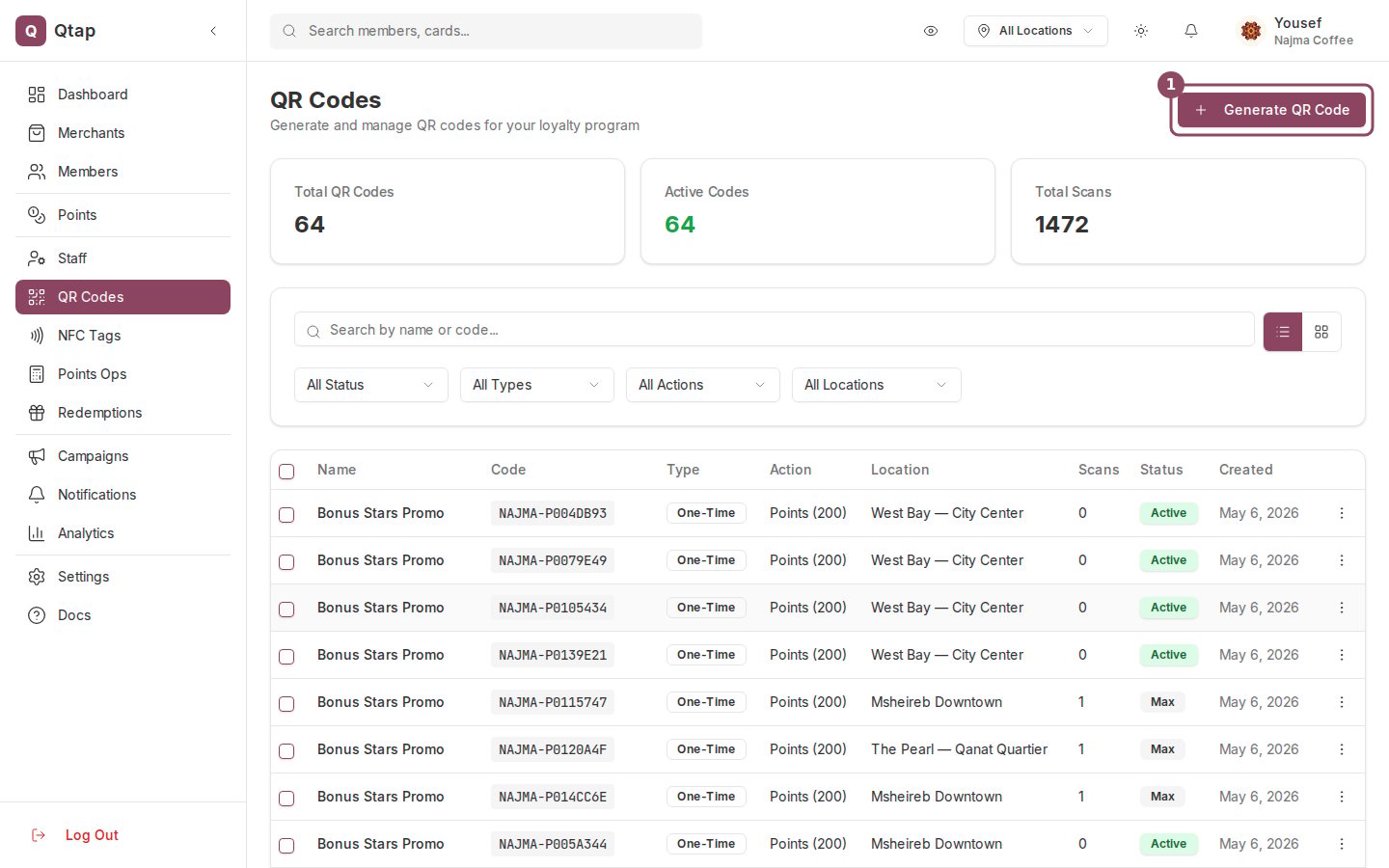 QR Codes page with the Generate QR Code button and a list of generated codes