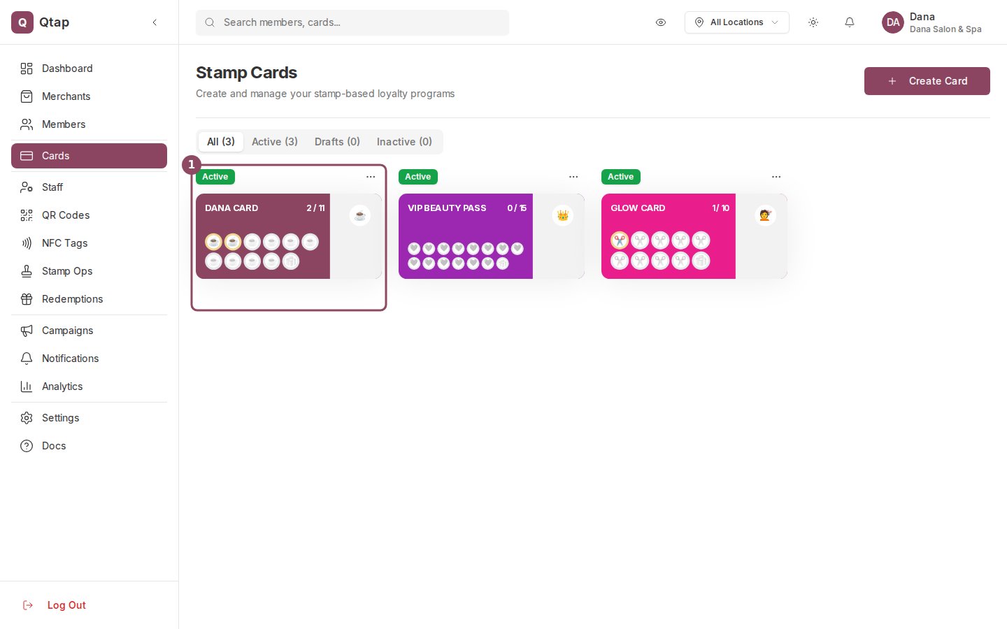 Stamp Cards page showing active stamp cards with their stamp progress