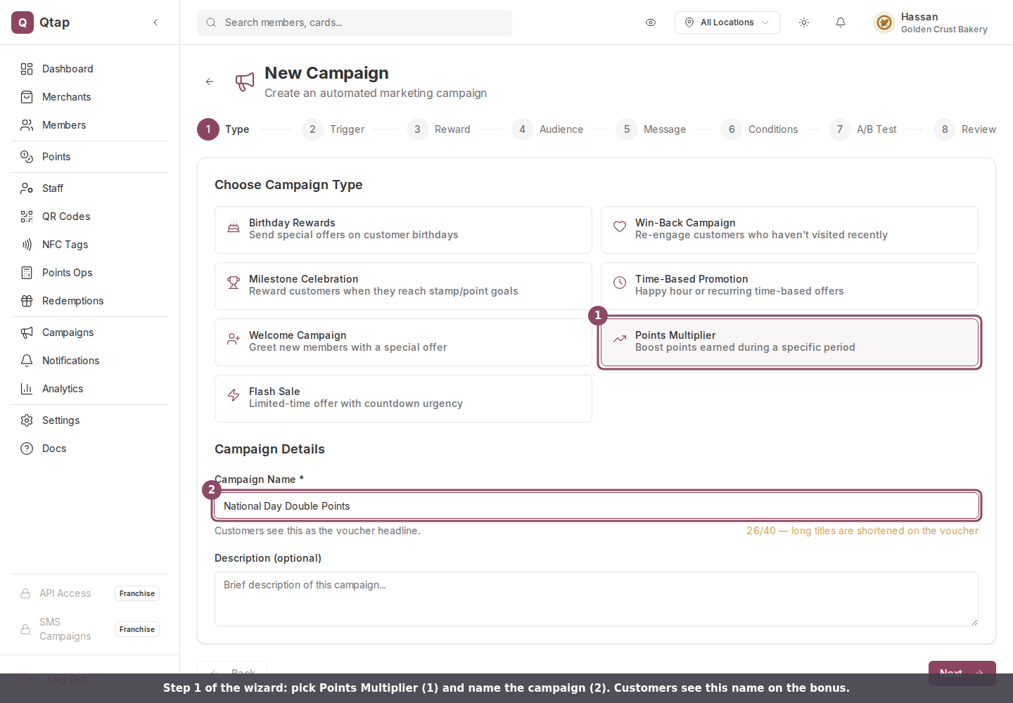 Campaign type step with Points Multiplier selected and a campaign name filled in