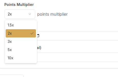 The points multiplier dropdown open, showing 1.5x, 2x, 3x, 5x and 10x