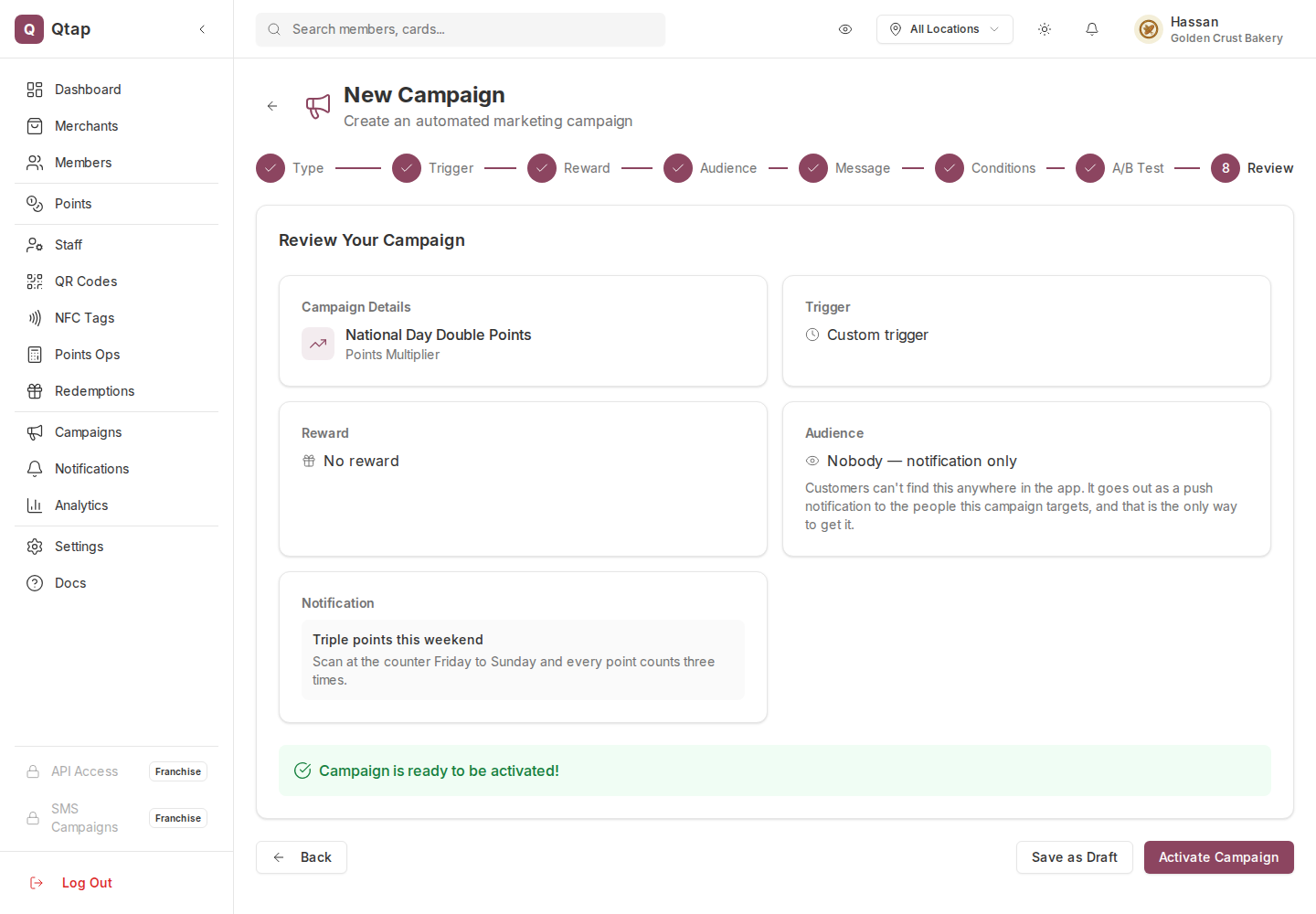 Review step listing campaign details, trigger, reward, audience and the notification