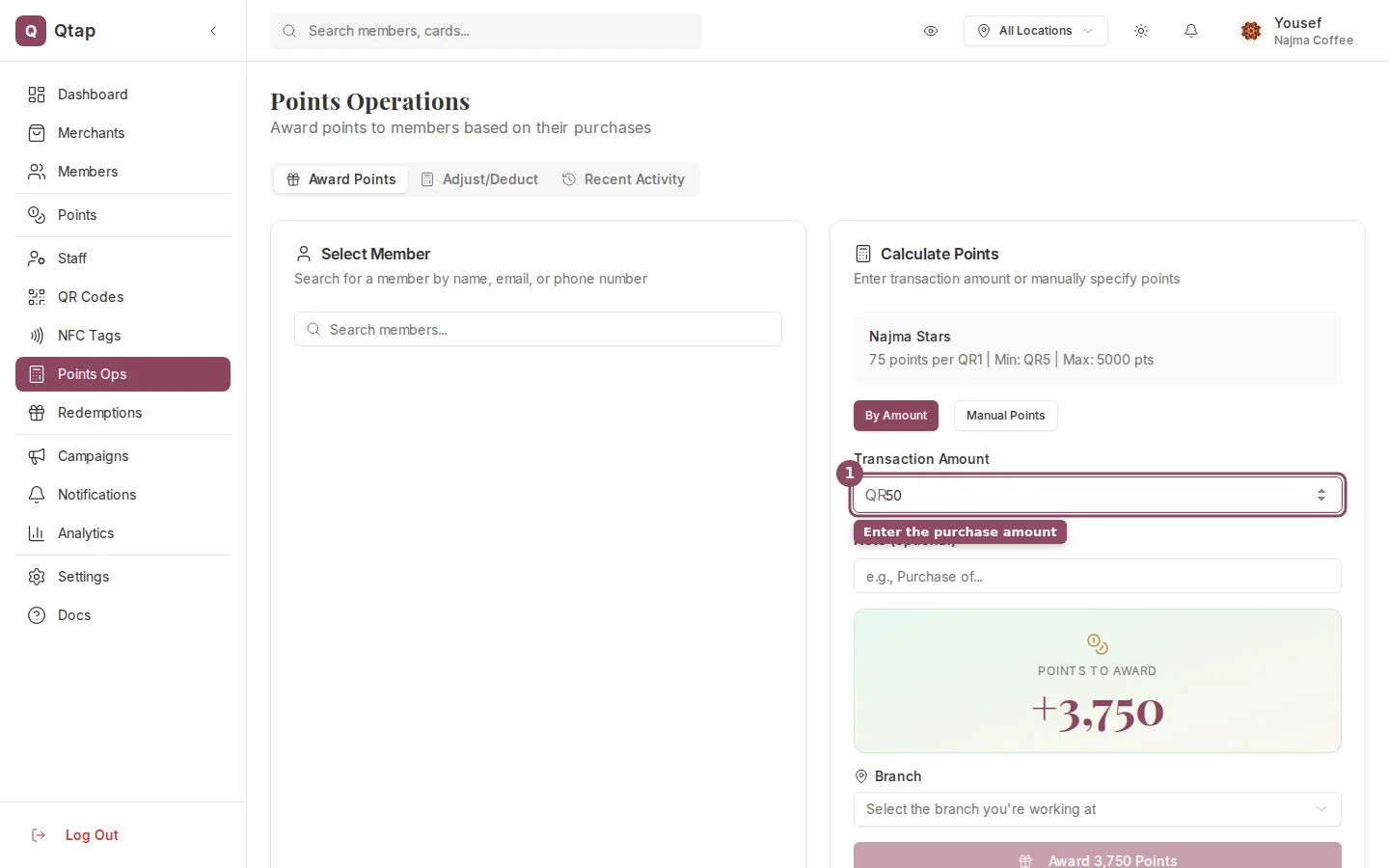 Points Operations Calculate Points card showing the rate summary and the calculated points for a transaction amount