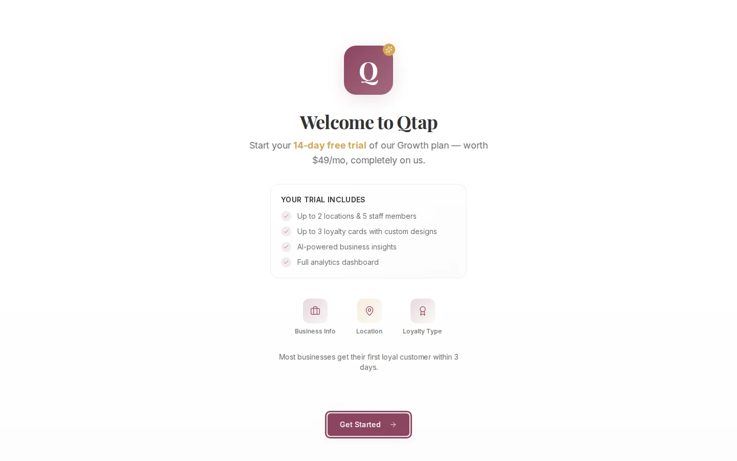 Onboarding welcome step with the Get Started button