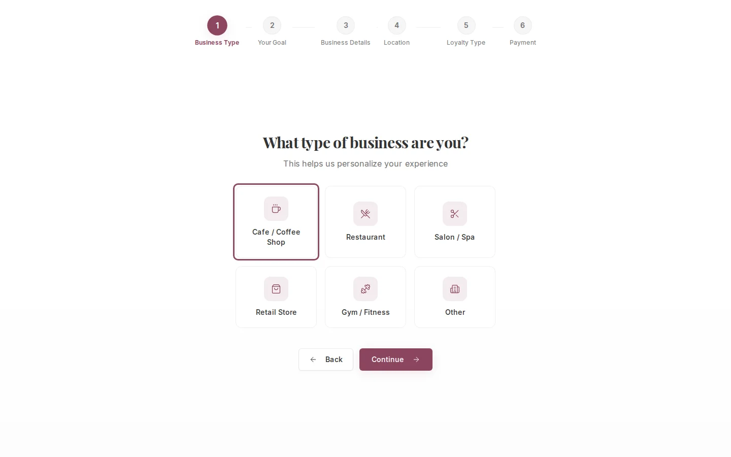 Business type step with six category options