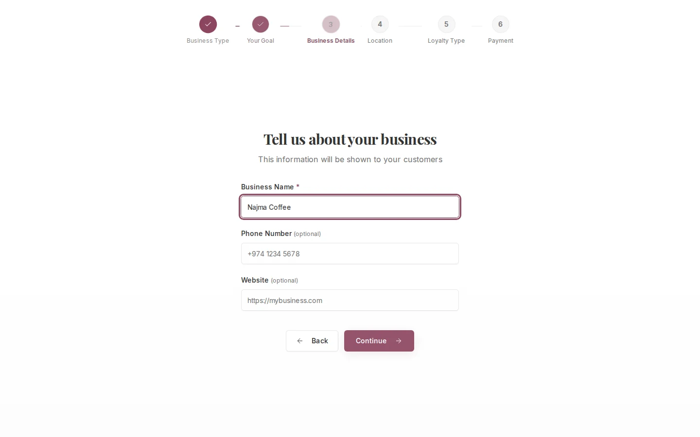 Business details step with the business name filled in