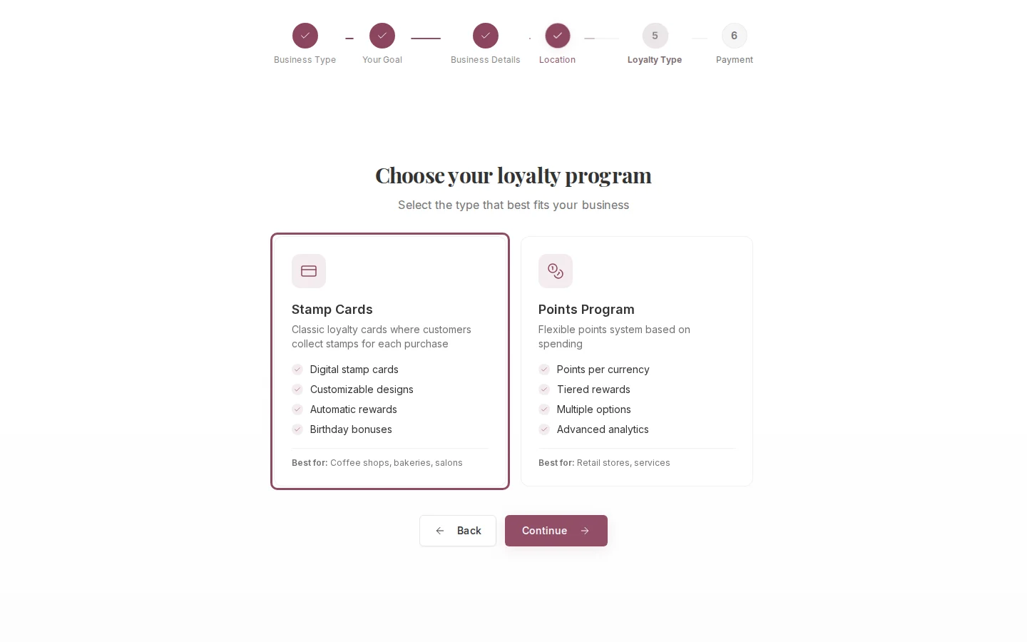 Loyalty type step with Stamp Cards and Points Program options