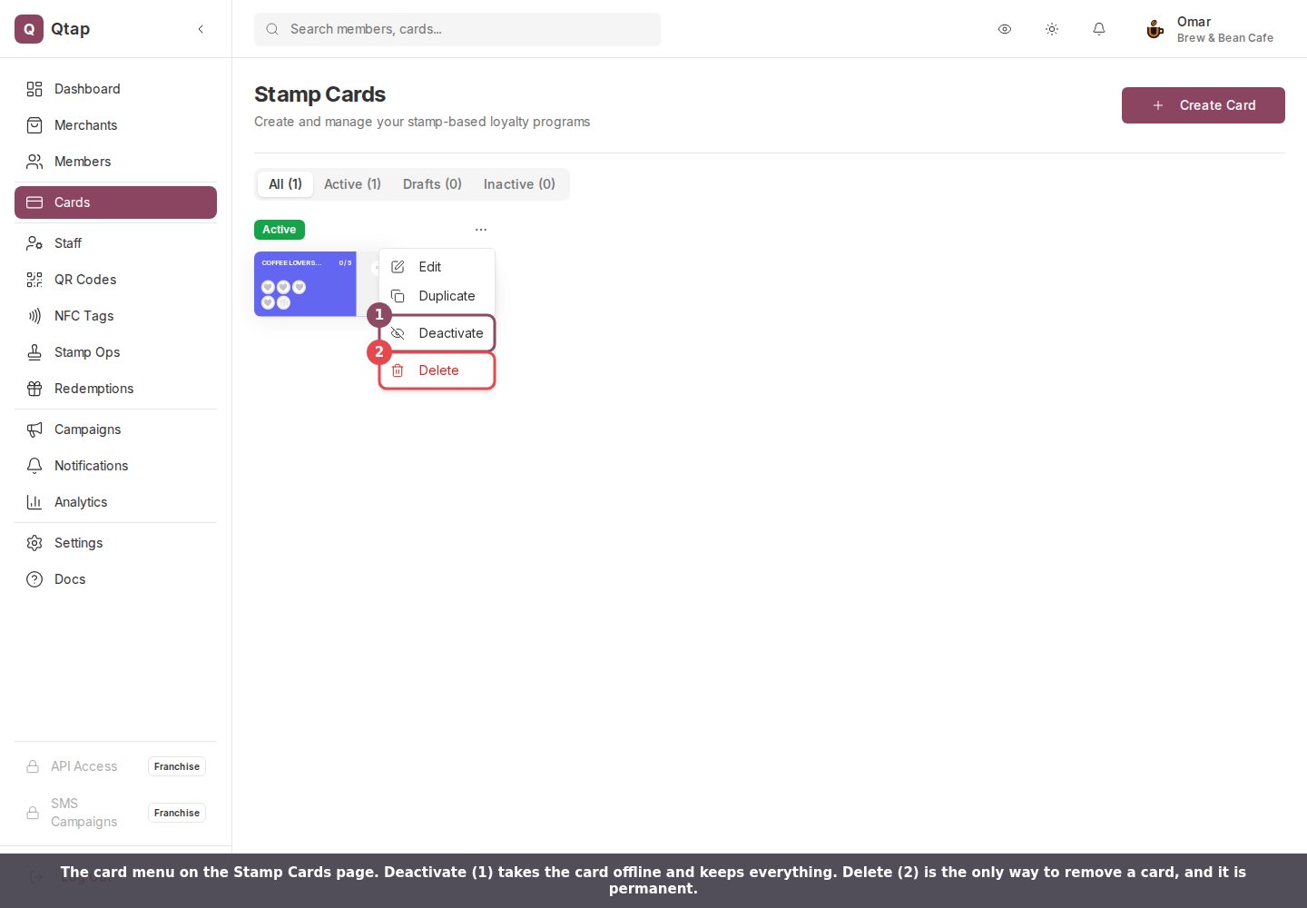 The Stamp Cards page with a card's three-dot menu open, showing Edit, Duplicate, Deactivate and Delete