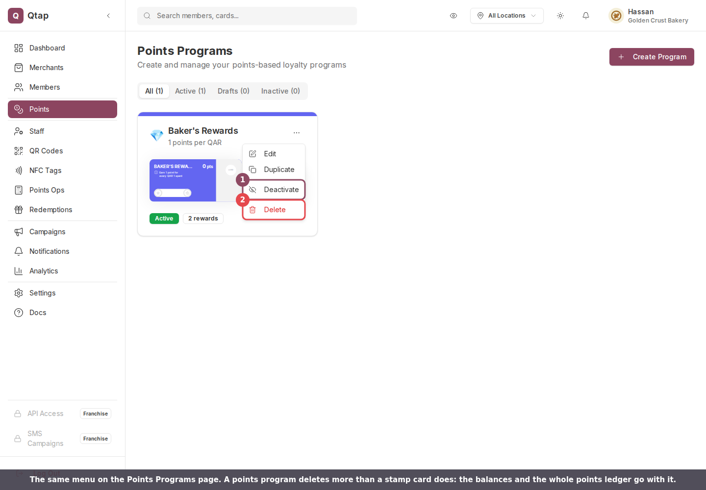 The Points Programs page with a program's three-dot menu open, showing Edit, Duplicate, Deactivate and Delete