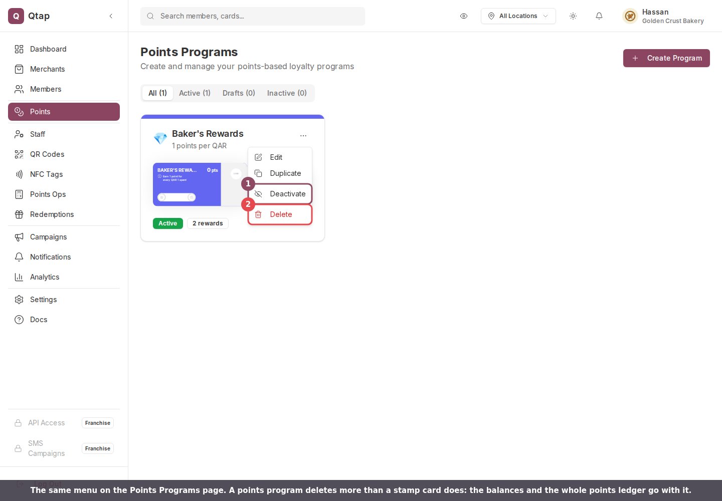 The Points Programs page with a program's three-dot menu open, showing Edit, Duplicate, Deactivate and Delete