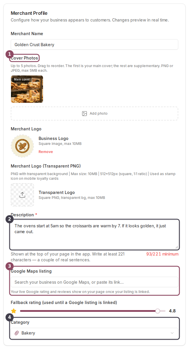 The Merchant Profile section with cover photos, description, Google Maps listing, and category boxed
