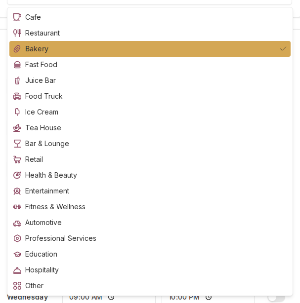 The category dropdown open, listing eighteen categories with icons and Bakery ticked