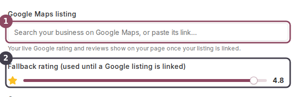 The Google Maps listing search box and the fallback rating slider in the Merchant Profile card