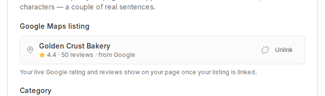 The linked Google listing card showing a business name, a 4.4 rating, 50 reviews, and an Unlink button