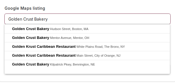 The Google Maps listing search box with five suggestions, each showing a street and city