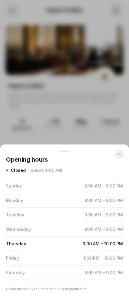 The Opening hours sheet on a phone showing Closed, opens 9:00 AM, and the seven day schedule