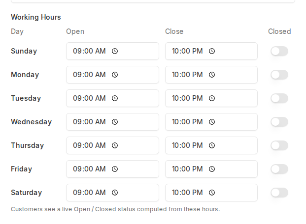 The Working Hours table with an open time, close time, and Closed toggle for each day of the week