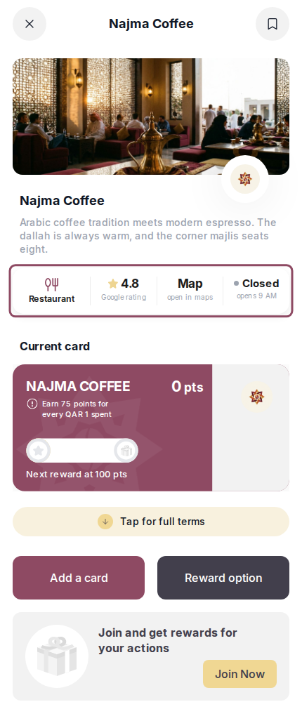 A merchant page on a phone with the details strip outlined below the business description