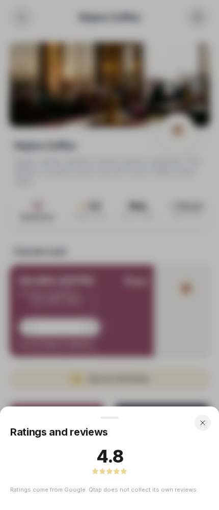 The Ratings and reviews sheet showing a 4.8 rating and a note that ratings come from Google