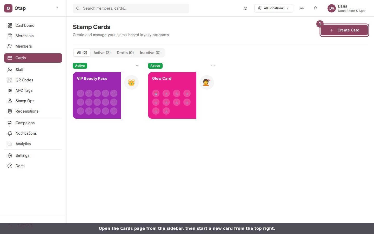 Stamp Cards page with the Create Card button highlighted