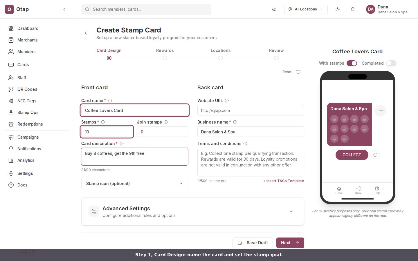 Card Design step with the card name and stamp goal fields highlighted