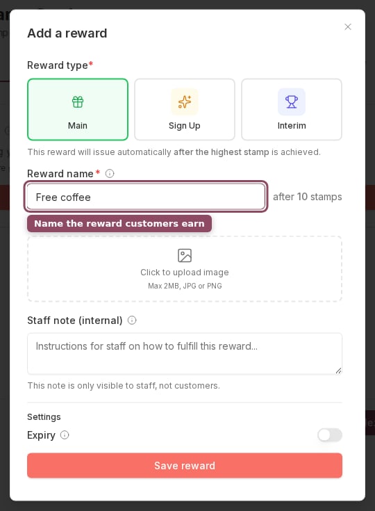Add a reward dialog with the reward name field highlighted