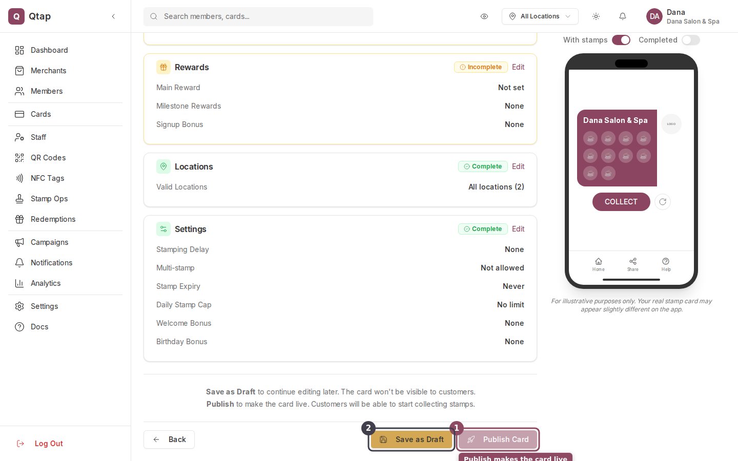 Review step with the Publish Card and Save as Draft buttons highlighted
