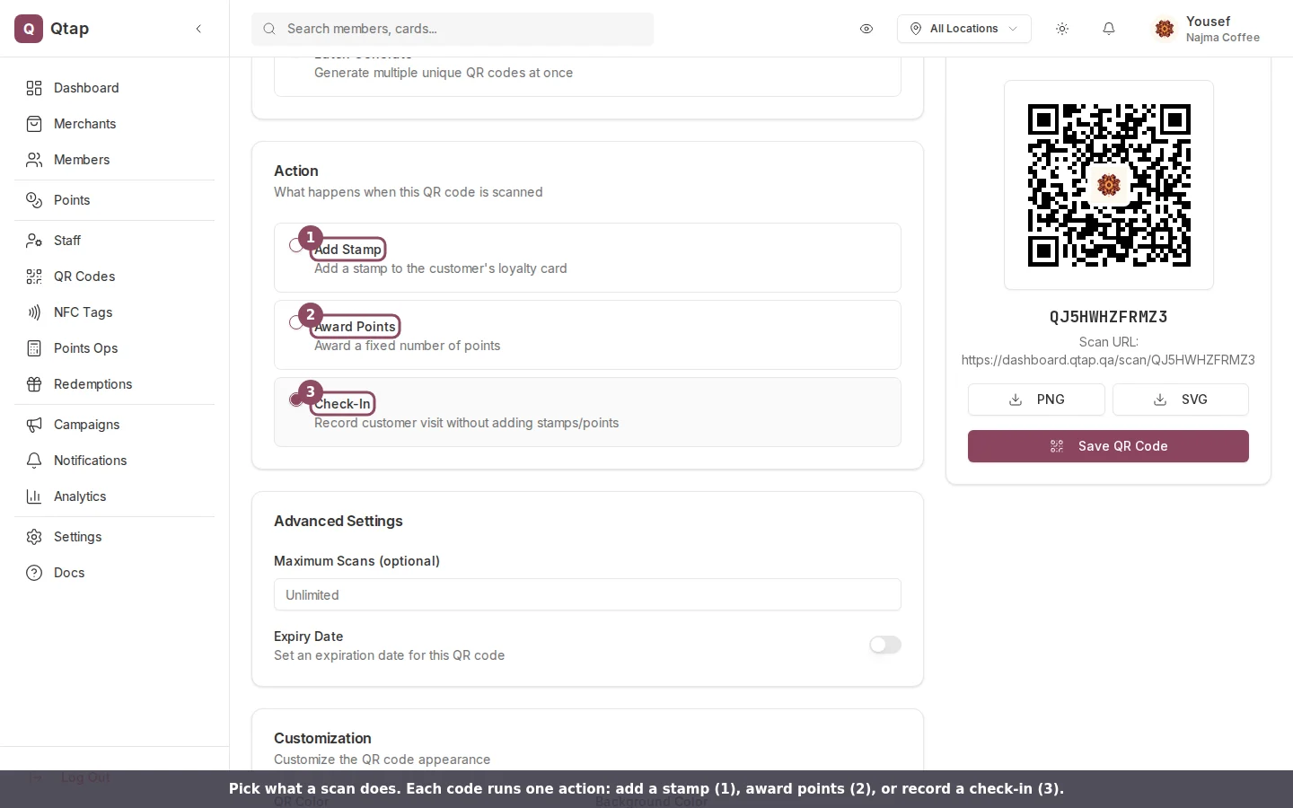 The three QR code action options: Add Stamp, Award Points, and Check-In