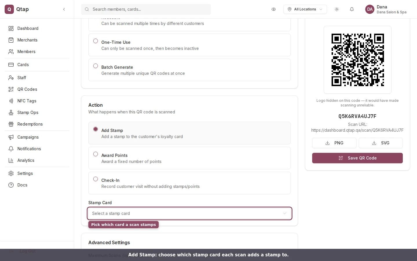 Add Stamp selected, showing the Stamp Card selector