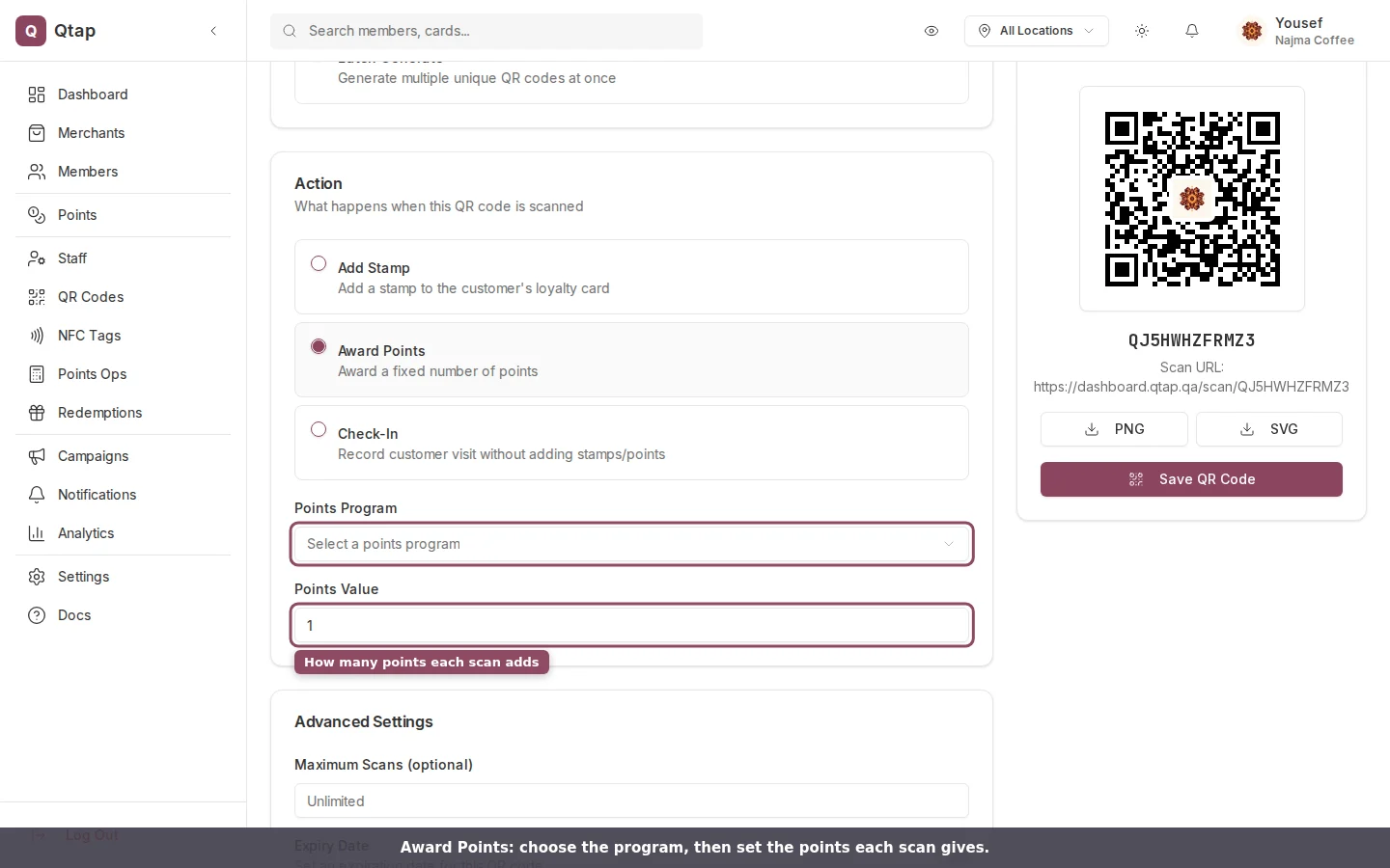Award Points selected, showing the Points Program and Points Value fields
