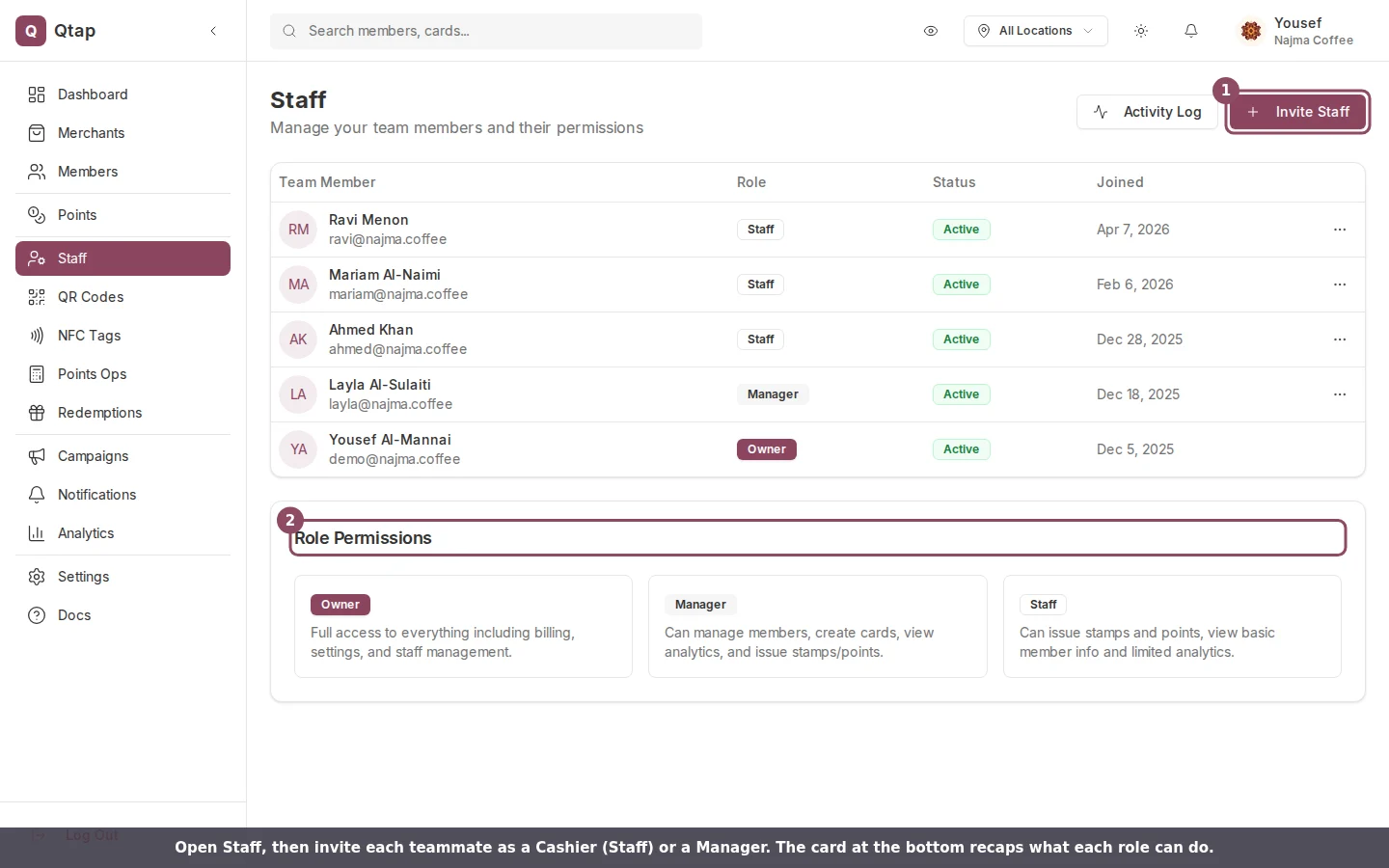 Staff page with the Invite Staff button and the Role Permissions summary card