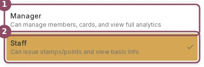 Role dropdown showing the Manager and Staff options with their descriptions