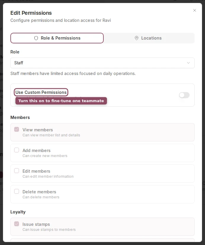 Edit Permissions dialog with the Use Custom Permissions toggle and the grouped permission checklist